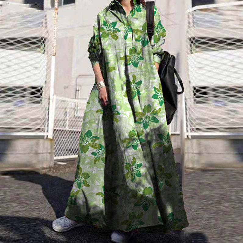 Retro Print Lapel Loose Long Sleeve Maxi Shirt Dress With Pocket