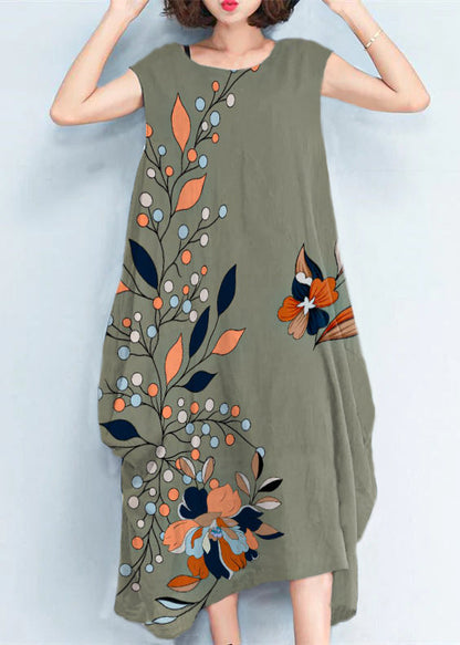 Green Flowers Natural Cotton Polyester Dress Oversize Sleeveless Traveling Dress Kaftans