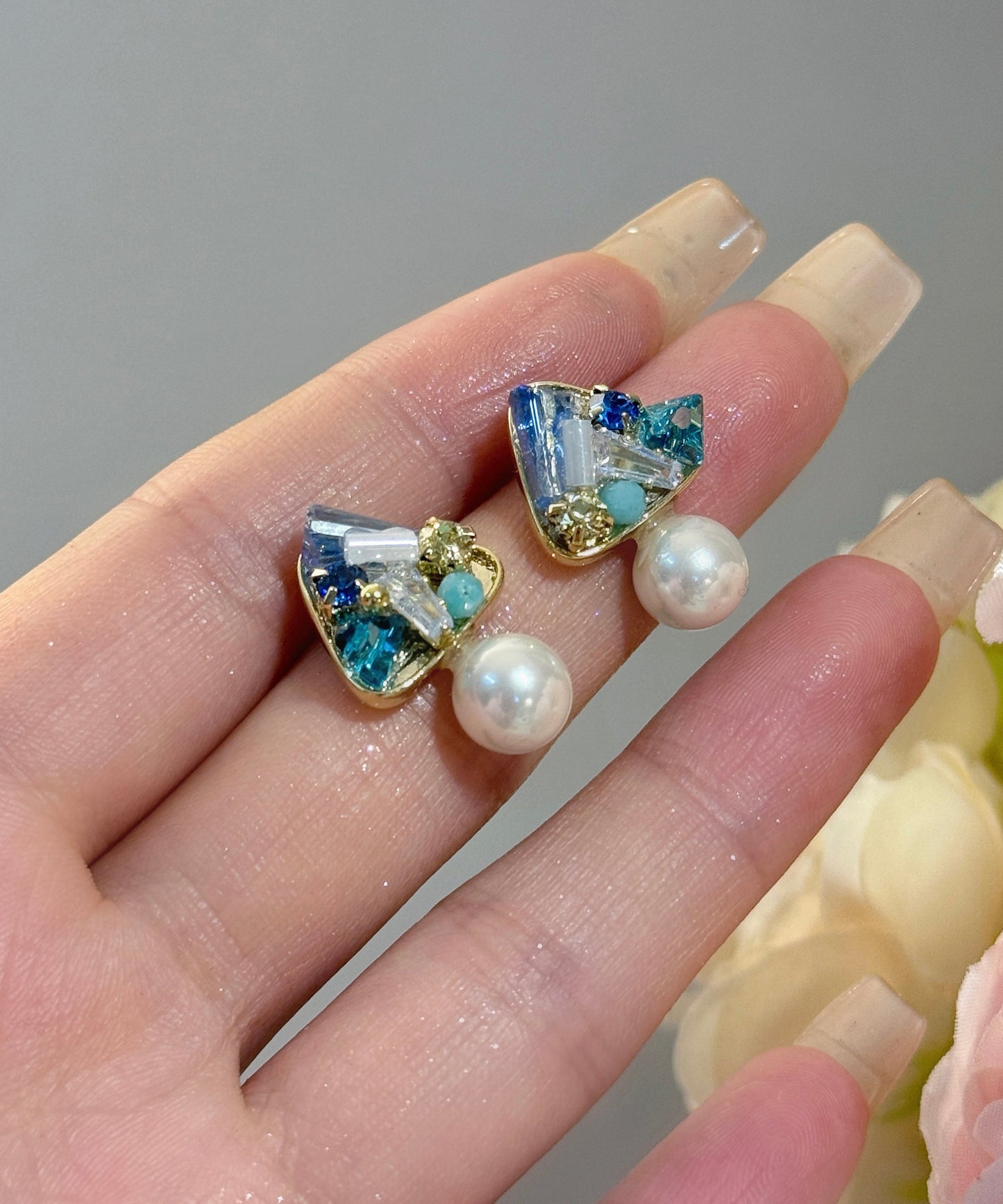 Handmade Light Green Copper Overgild Crystal Zircon Pearl Drop Earrings
