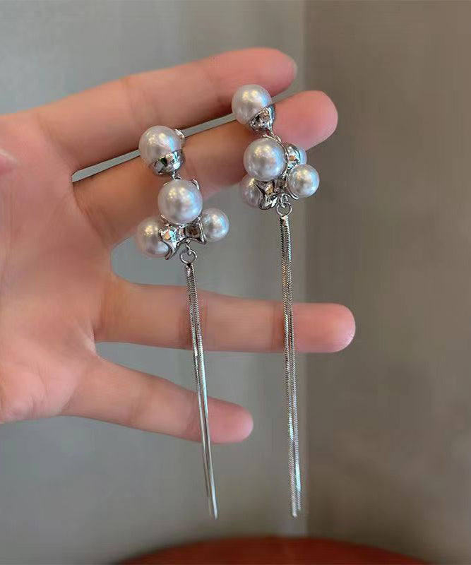 Silk Sterling Silver Alloy Pearl Tassel Drop Earrings