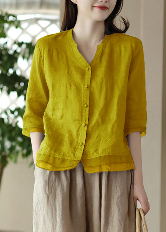 Yellow V Neck Embroidered Ramie Shirt Half Sleeve