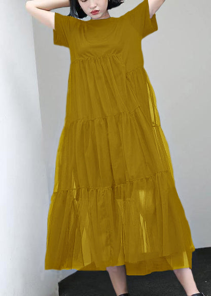 Loose Yellow Cotton Tunic Asymmetric Patchwork a Line Summer Dress