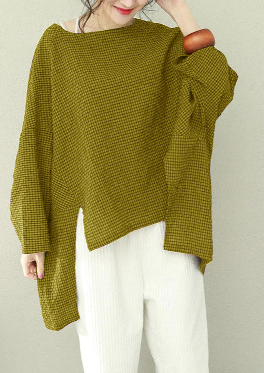 Asymmetric Cotton Fine Work Yellow Plaid Oversized Tops