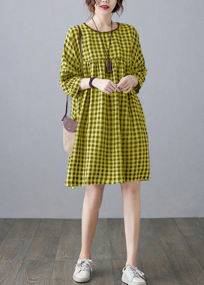 O-neck Wrinkled Pocket Yellow Linen Loose Dresses Half Sleeve