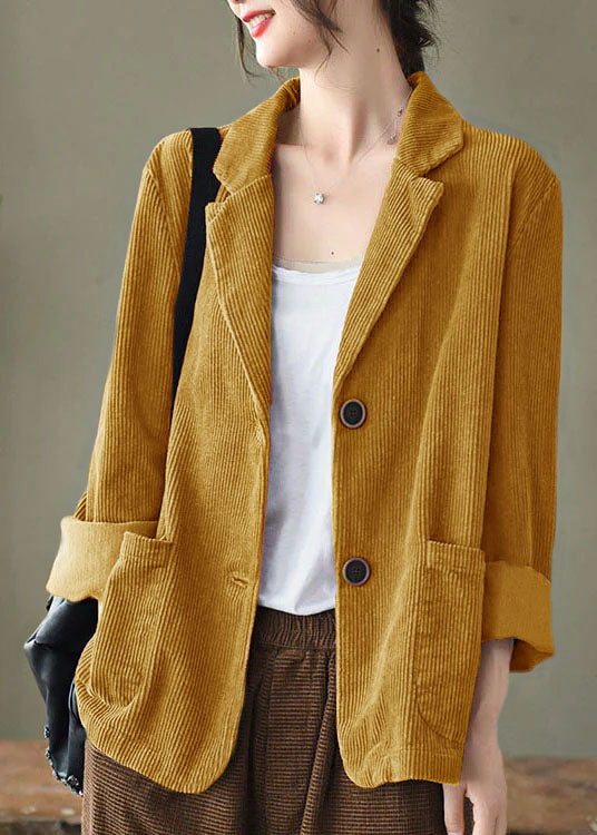 Loose Green Button Pockets Peter Pan Collar Corduroy Coat Long Sleeve