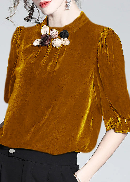 Purple Stand Collar Silk Velour Top Short Sleeve