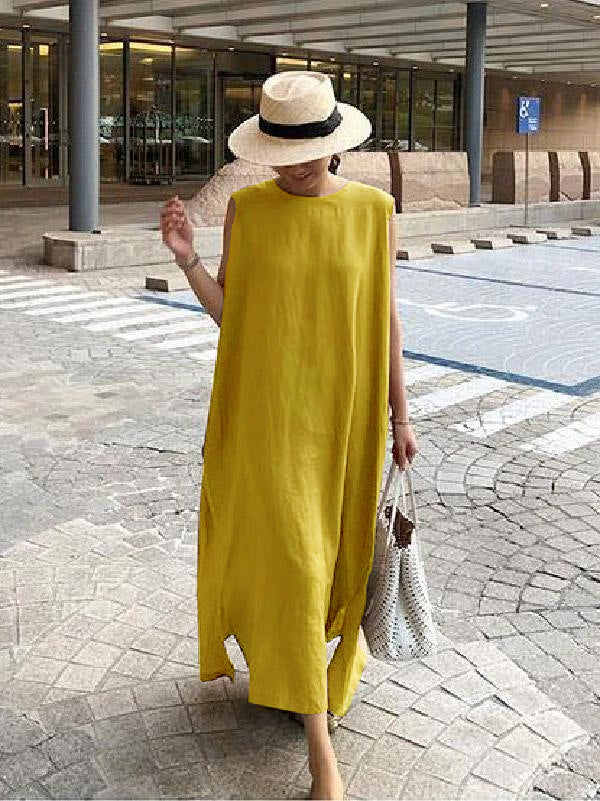 O Neck Side Open Linen Cotton Clothes Fabrics White Flowers Dress