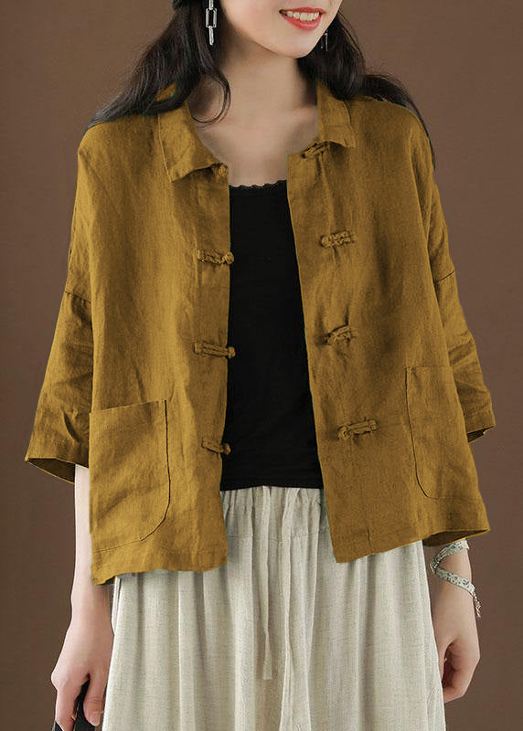 Blue Cashew Nuts Peter Pan Collar Pockets Summer Linen Top