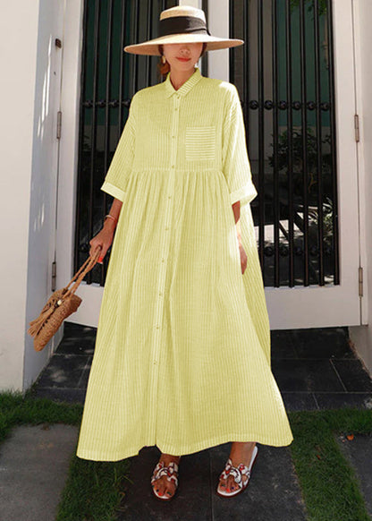 Green Peter Pan Collar Striped Button Pockets Wrinkled Long Dresses Half Sleeve