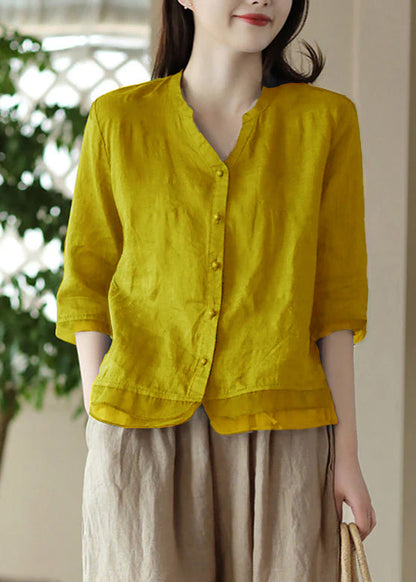 Green V Neck Embroidered Ramie Shirt Half Sleeve