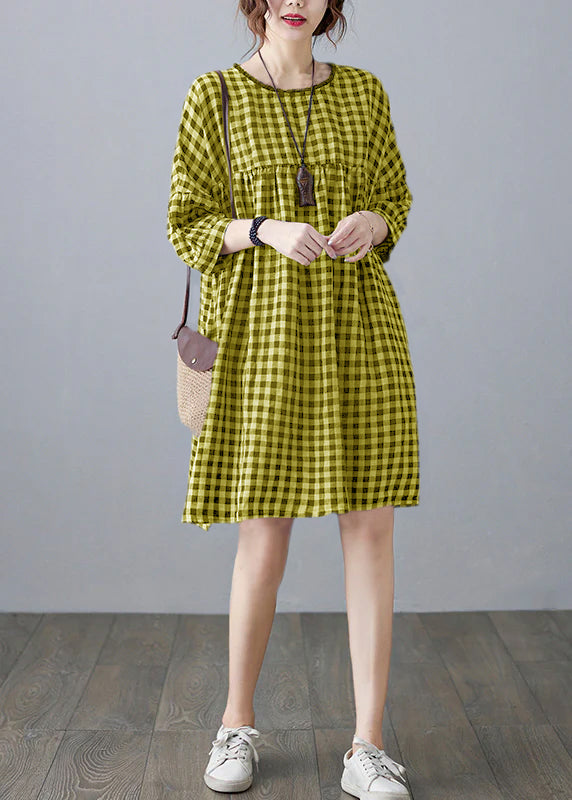 O-neck Wrinkled Pocket Plaid Linen Loose Dresses Half Sleeve