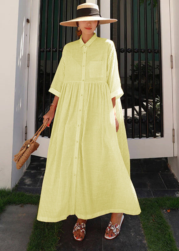 Pink Peter Pan Collar Striped Button Pockets Wrinkled Long Dresses Half Sleeve