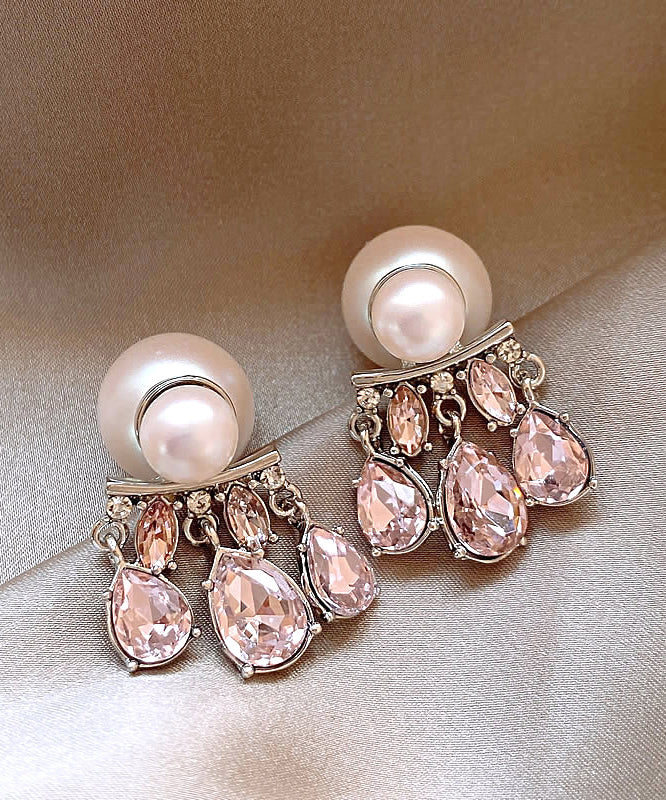 Pink Sterling Silver Inlaid Crystal Pearl Tassel Stud Earrings