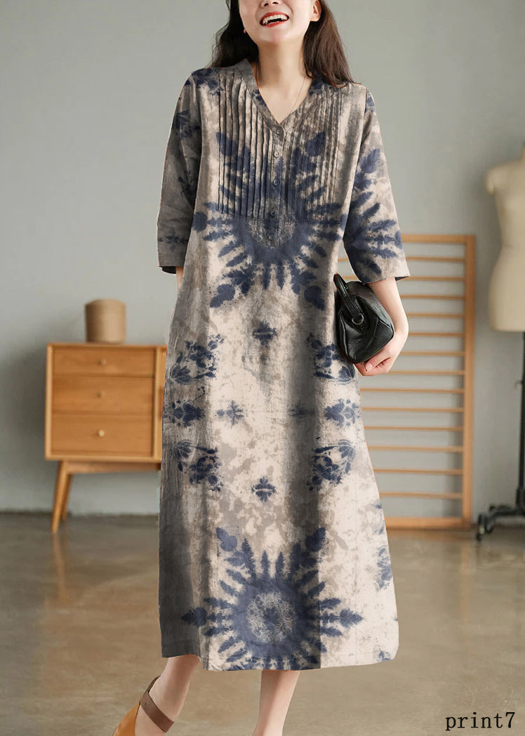 Blue Print10 Loose Linen Long Dresses Button Half Sleeve