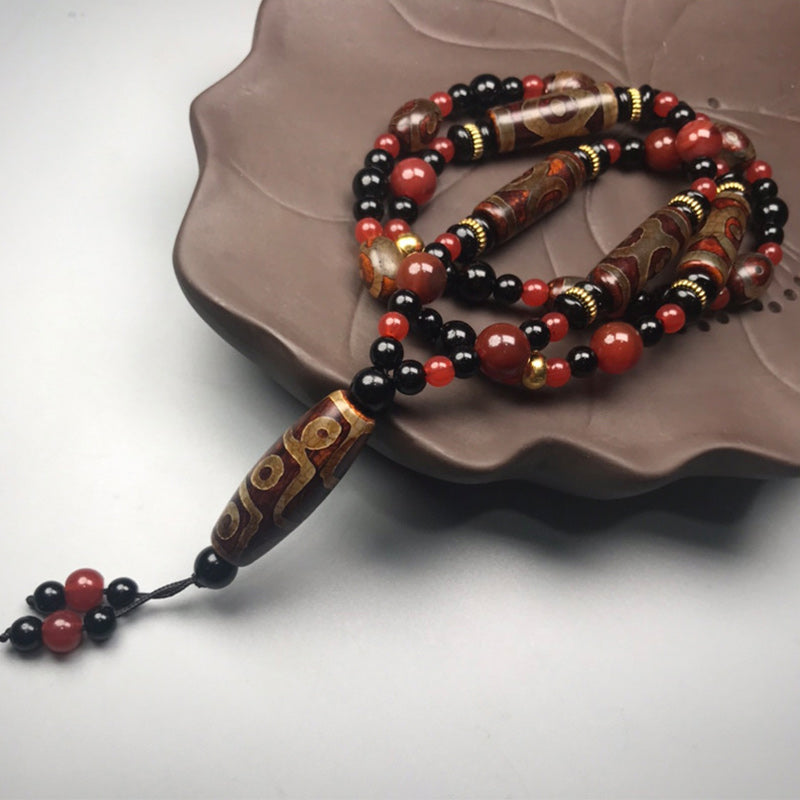 Buddha Stones Nine-eye Dzi Bead Red Agate Wealth Health Necklace