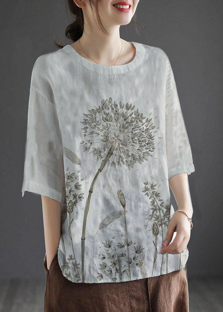 White O-neck Embroideried Summer Linen Tops Half Sleeve