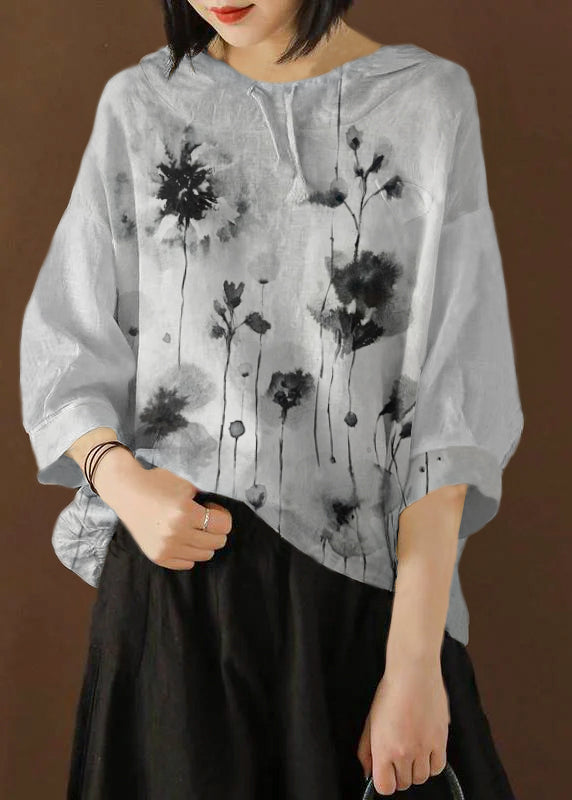 Unique Blouse Indian Linen Summer Literary Purple Flowers Hooded Three Quarter Sleeve T-shirt