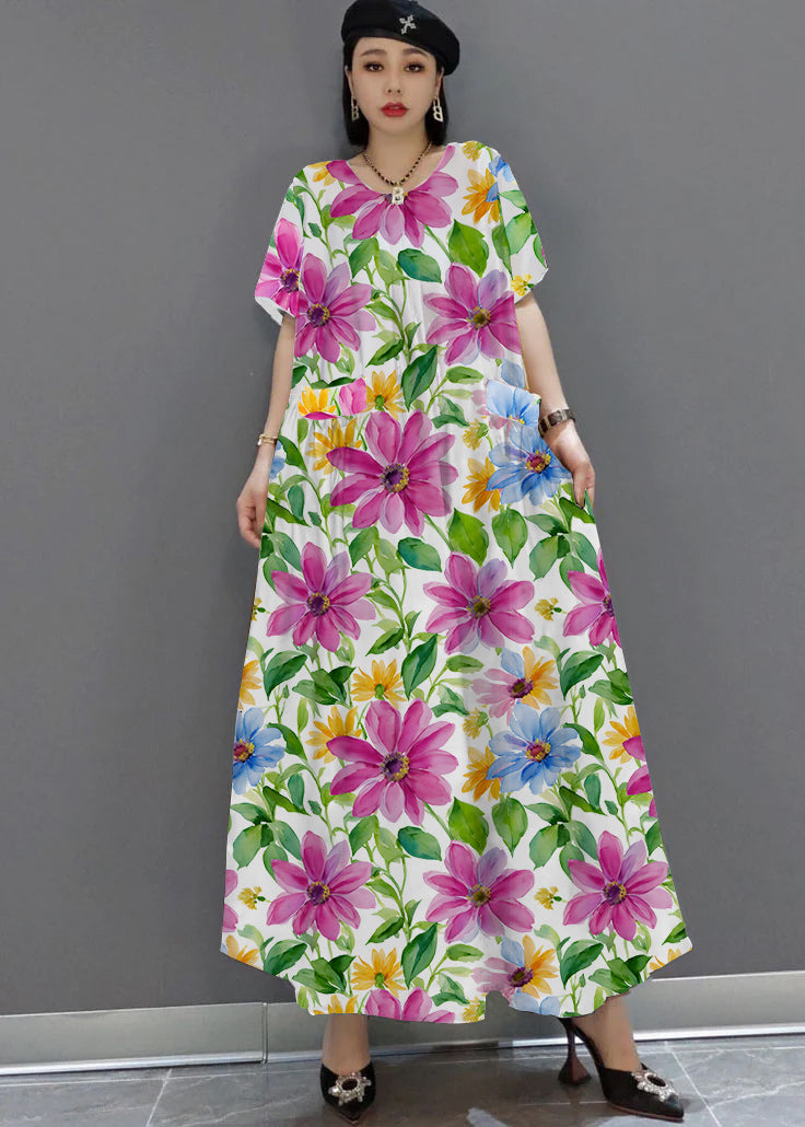 Loose Yellow O-neck Print Satin Maxi Dress Summer