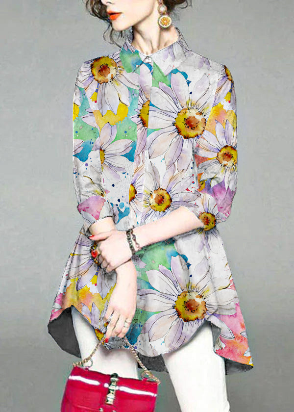 Handmade Gray Texture Peter Pan Collar Embroidered Asymmetrical Design Cotton Long Shirt Half Sleeve
