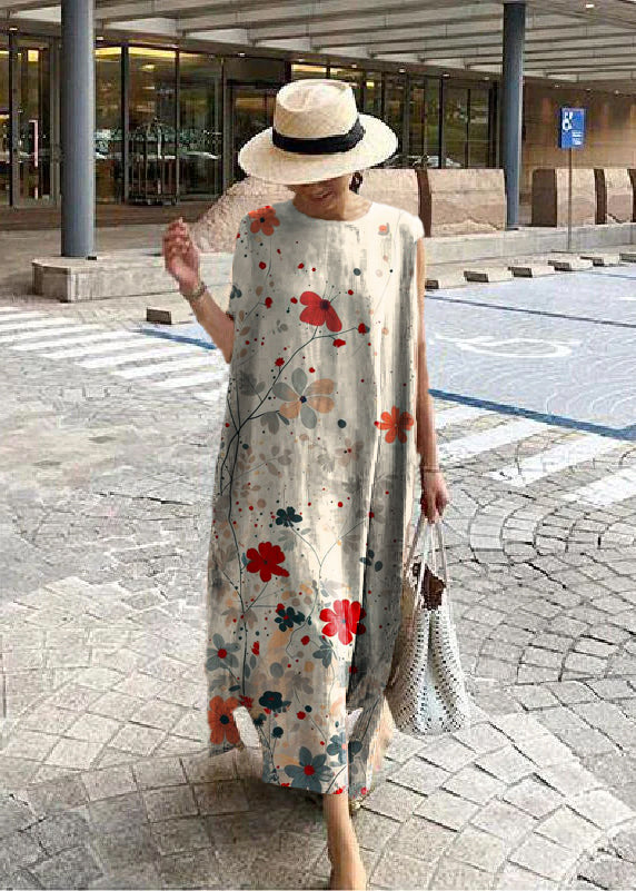 O Neck Side Open Linen Cotton Clothes Fabrics White Flowers Dress