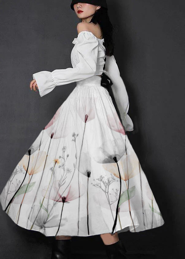 Organic White Feathers High Waist Cinched Patchwork Summer Cotton Skirts