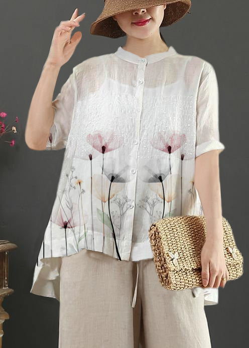 Art White Feathers Embroidery Linen Top for Stand Collar Midi Summer Top