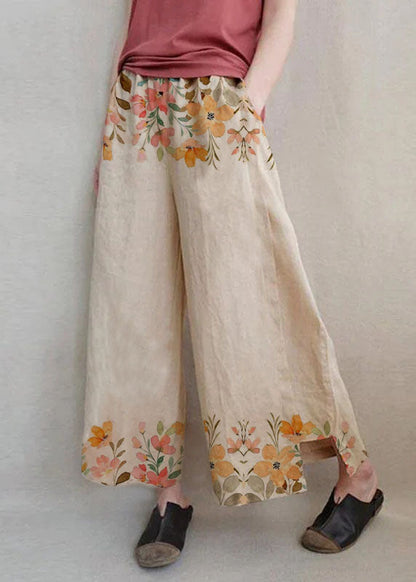 Handmade Green Bird Dandelion Wide Leg Pants Summer Cotton Linen