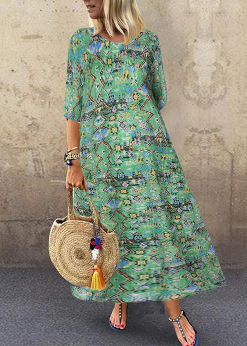 Summer Green Flowers Print Short Sleeve Dress