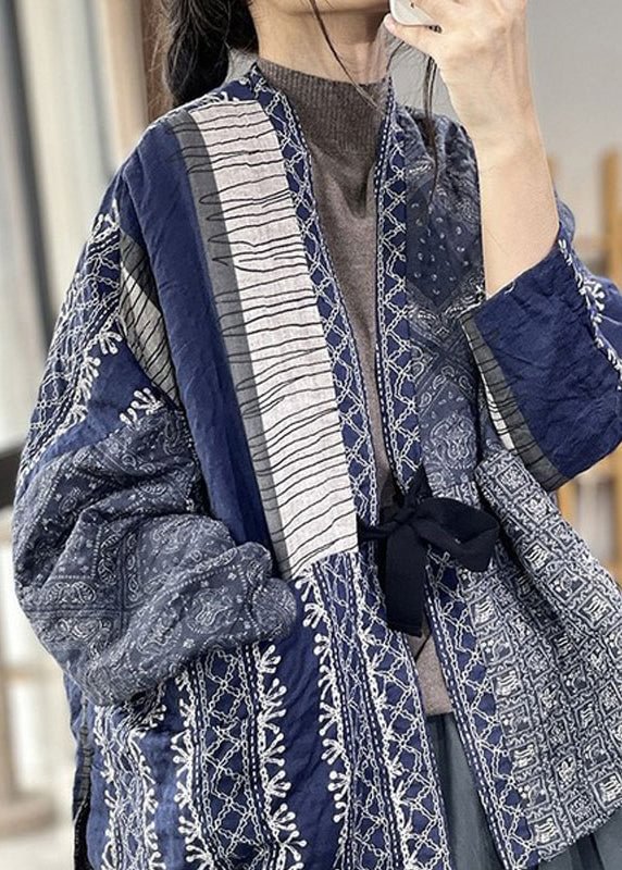Navy Oversized Print Fine Cotton Filled Jackets Spring