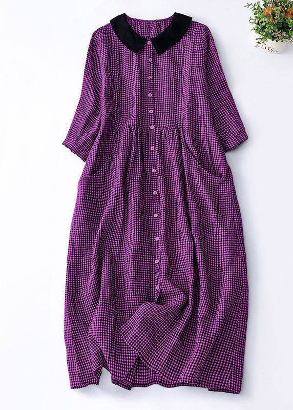 Organic Brown Plaid Peter Pan Collar Patchwork Linen Dresses Summer