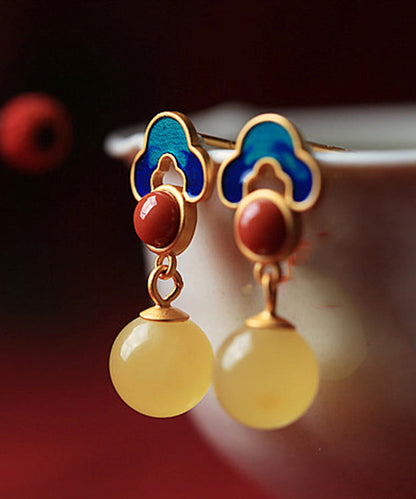 Yellow Sterling Silver Inlaid Auspicious Clouds Amber Stud Earrings