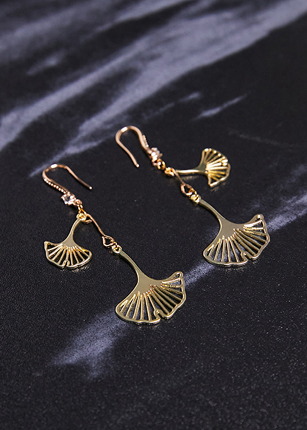 Ginkgo Leaf 14k Gold Zircon Drop Earrings
