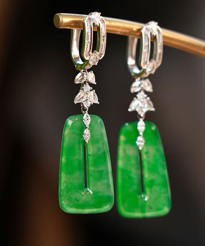 Green Sterling Silver Jade Square Hollow Out Drop Earrings