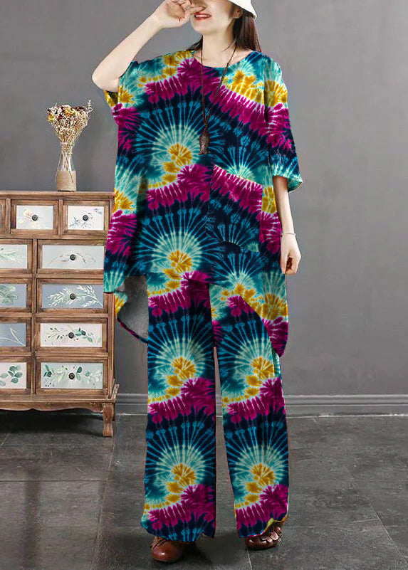 Tie Dye Print Pockets Patchwork Tops and Pants Cotton Two Pieces Set Summer