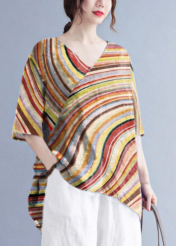 French Colorful Stripes V Neck Print Asymmetrical Design Fall Half Sleeve Shirt Top