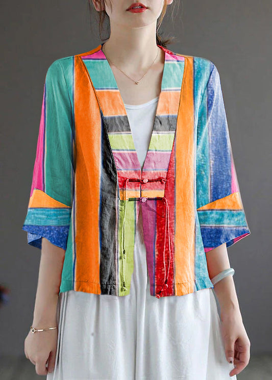Handmade Colorful Stripes Deep V Neck Patchwork Cotton Linen Shirt Bracelet Sleeve