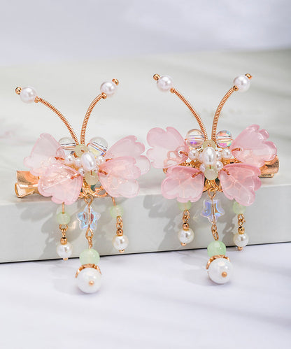 Pink Copper Alloy Pearl Butterfly Tassel Kids a Pair Hairpin