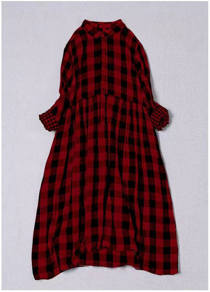 Red White Plaid Peterpan Collar Pockets Button Fall Patchwork Dresses