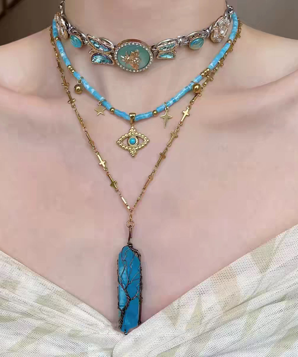 Blue Stainless Steel Crystal Butterfly Beading Pendant Necklace Three-piece Set