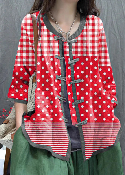 Red Grid Print Chinese Button Cotton Shirt Top Summer