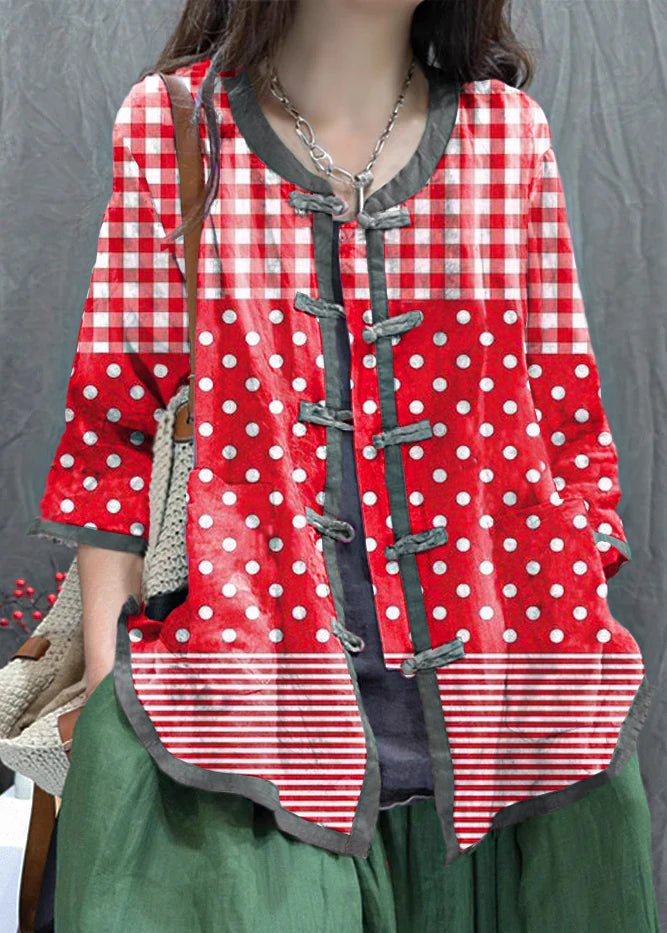 Brown Flowers Print Chinese Button Cotton Shirt Top Summer
