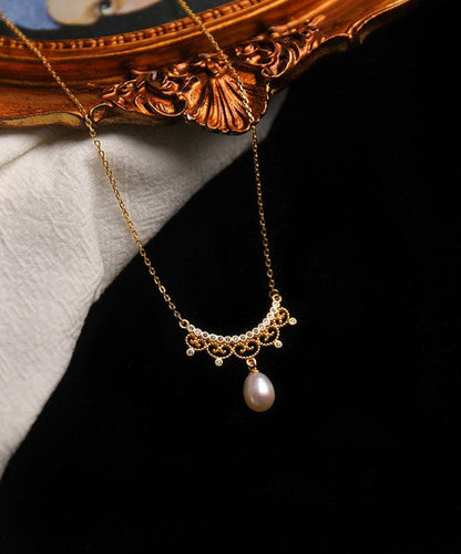 Gold Alloy Zircon Leace Pearl Pendant Necklace