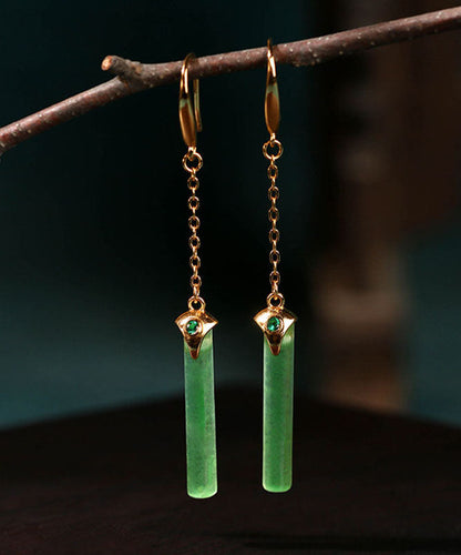 Green Ancient Gold Jade Rectangle Drop Earrings