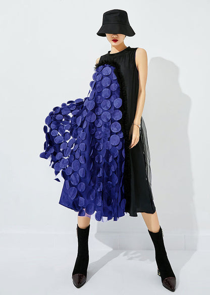 Black-green Dot Asymmetrical Patchwork Wrinkled Tulle Maxi Dress Sleeveless