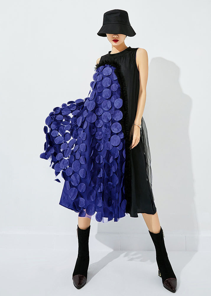 Black-khaki Dot Asymmetrical Patchwork Wrinkled Tulle Maxi Dress Sleeveless