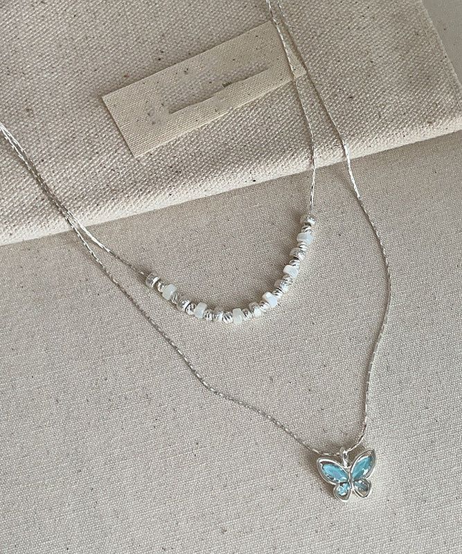 Boutique Blue Copper Crystal Butterfly Double-layer Pendant Necklace