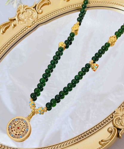 Simple Green Ancient Gold Beading Gem Stone Gratuated Bead Necklace
