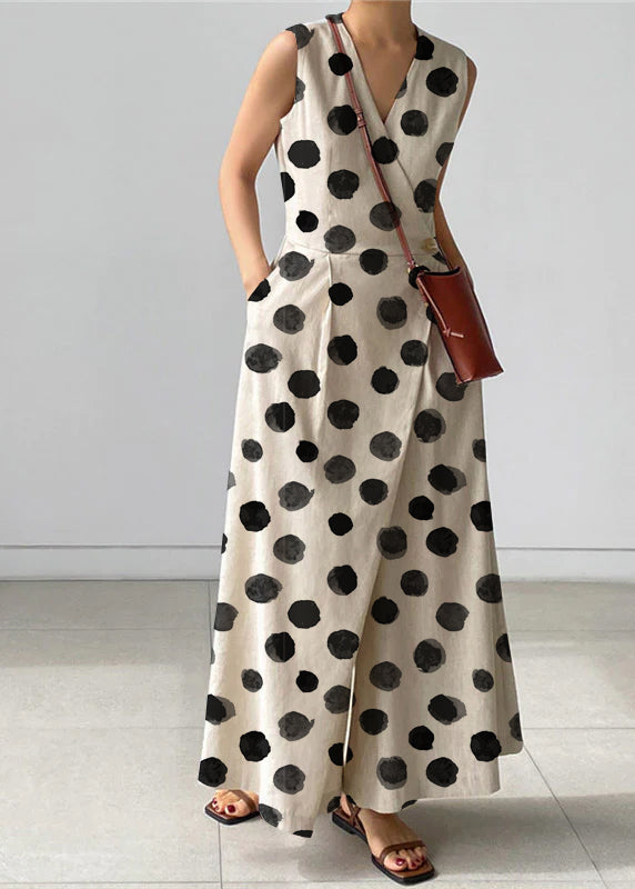 Apricot Polka Dots V Neck Button Pockets Jumpsuit Pants Summer