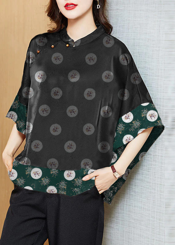 Black Plaid Mandarin Collar Asymmetrical Patchwork Jacquard Silk Shirts Batwing Sleeve