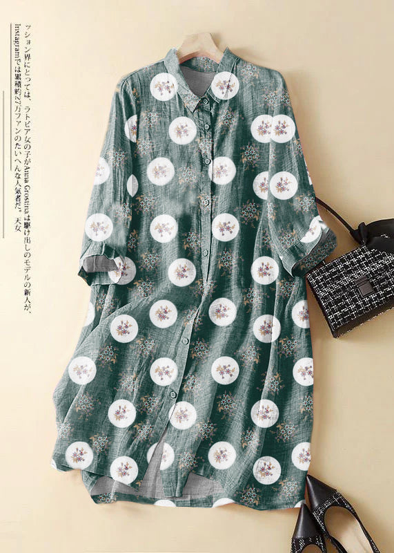 Green Polka Dots Embroidered Patchwork Linen Shirt Dress Summer